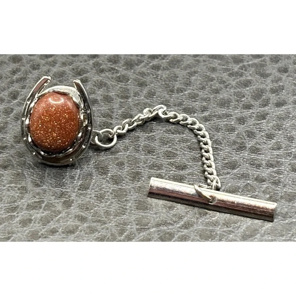 Vintage Horseshoe Goldstone Glitter Cabochon Equestrian Tie Tack Silver Tone